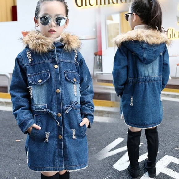 Other - Distressed Blue Denim Girls’ Faux Fur Hooded Jacket Size 5